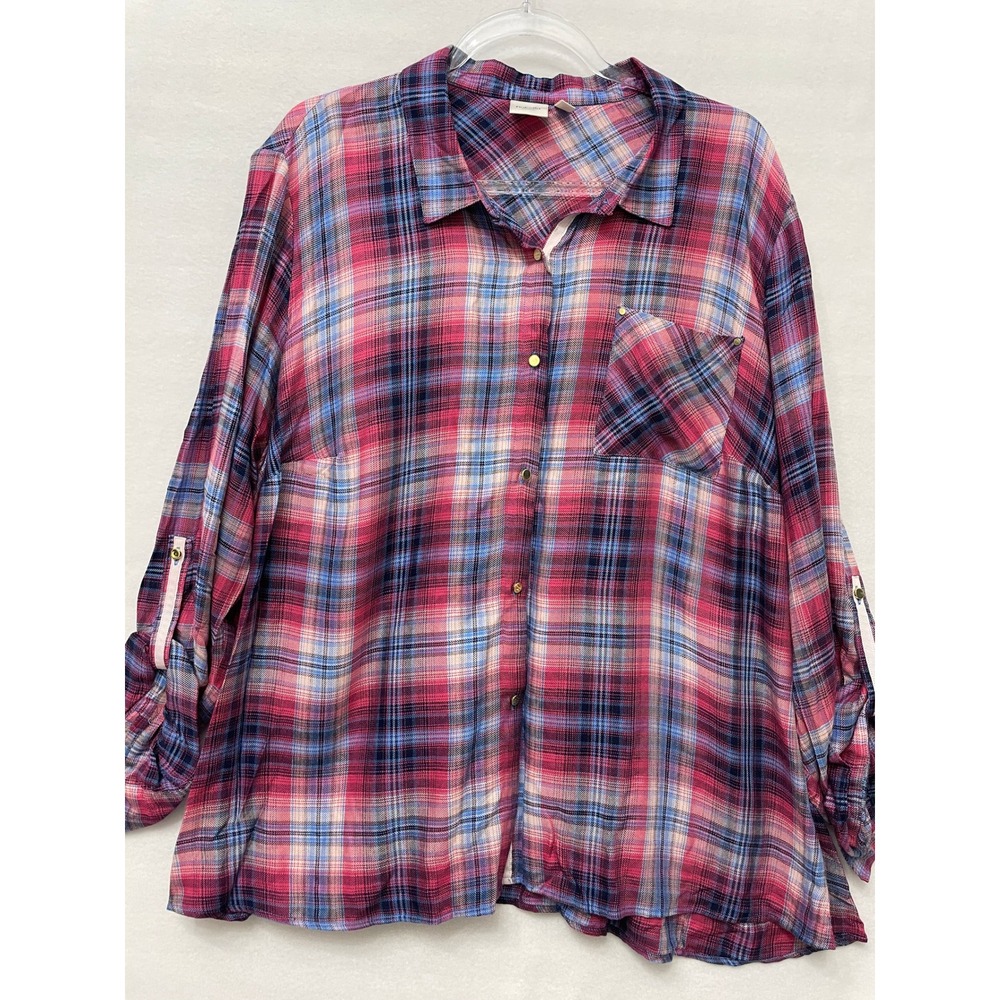New Rafaella Plaid Button Up Shirt 3X Pink Blue Roll Tab Sleeve Relaxed